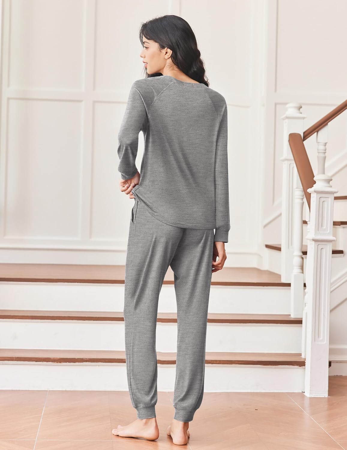 Gray 2-piece jogger pajama set, long-sleeve top and tapered jogger pants