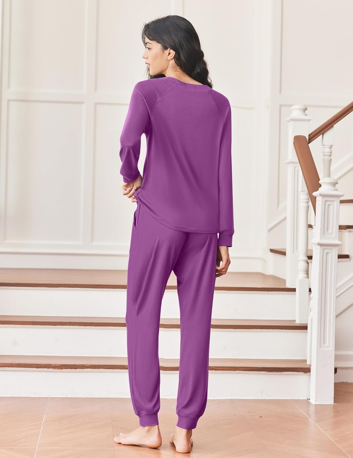 Purple henley pajama set with long sleeves and tapered jogger legs