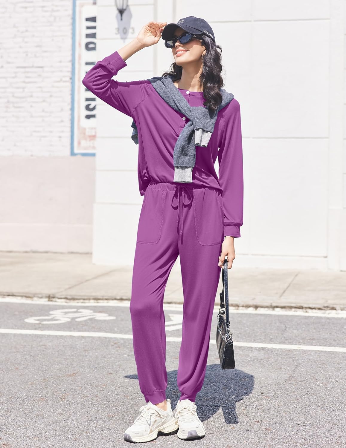 Purple lounge set: henley long-sleeve top and jogger pants with cinched waist