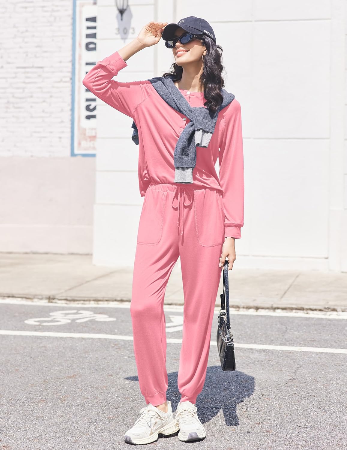 Pink 2-piece lounge set with drawstring jogger pants and long-sleeve pullover top