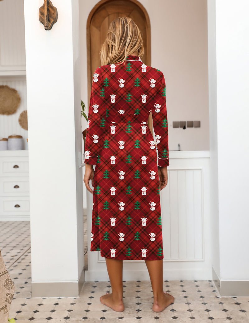 Back view of red plaid Christmas knit robe with snowman and tree prints, tie belt