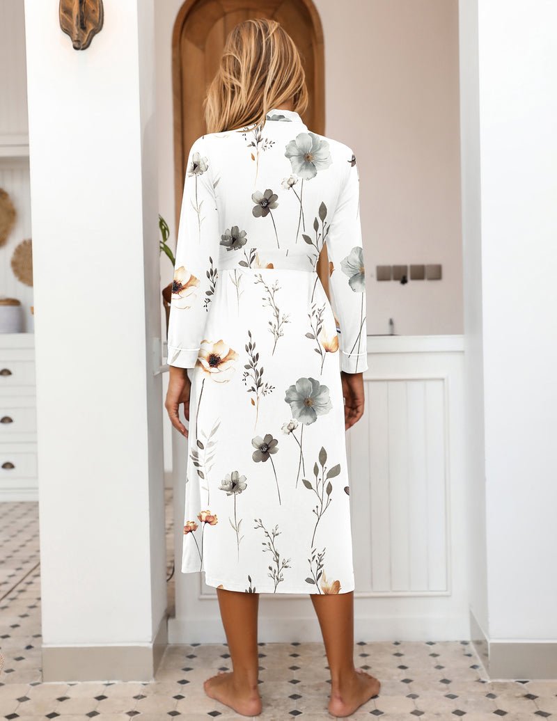 White knit kimono robe with floral print and long sleeves, tie waist, full length