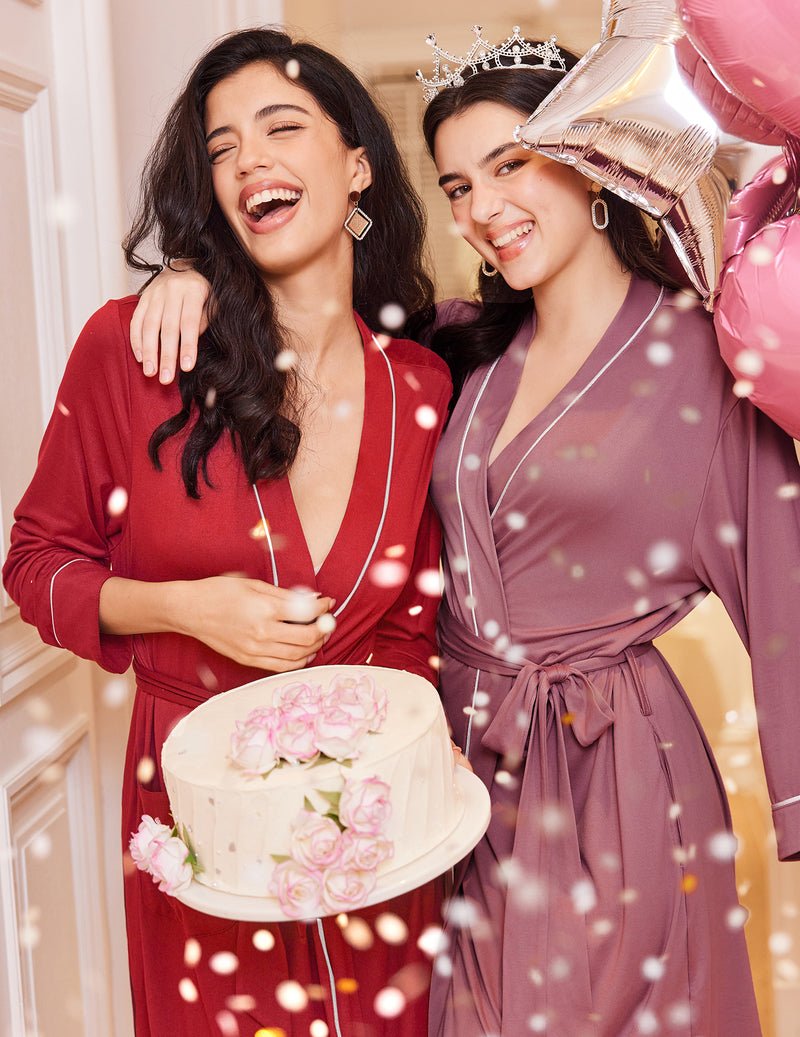 Purplish red satin-like kimono robe dress with V neckline, belt tie, long sleeves