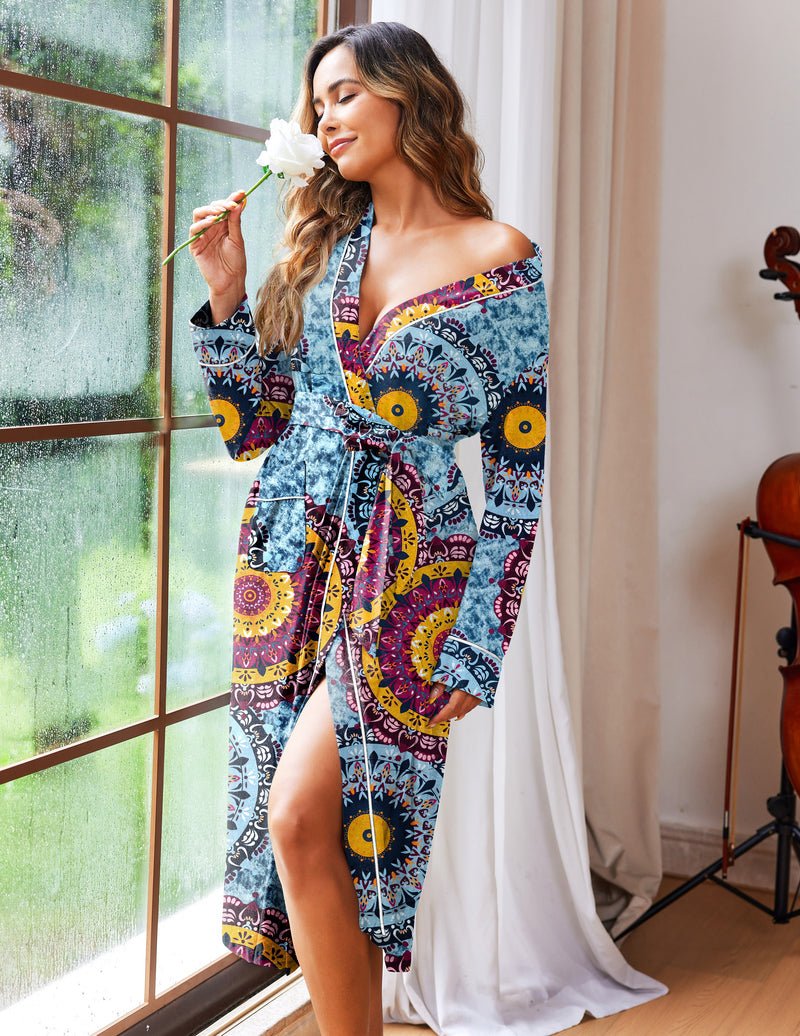 Ekouaer Long Knit Kimono Bathrobe Floral Mandala Blue / S