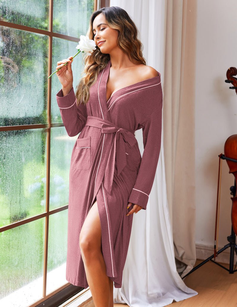Purplish red full-length knit bathrobe with belt tie and contrast piping