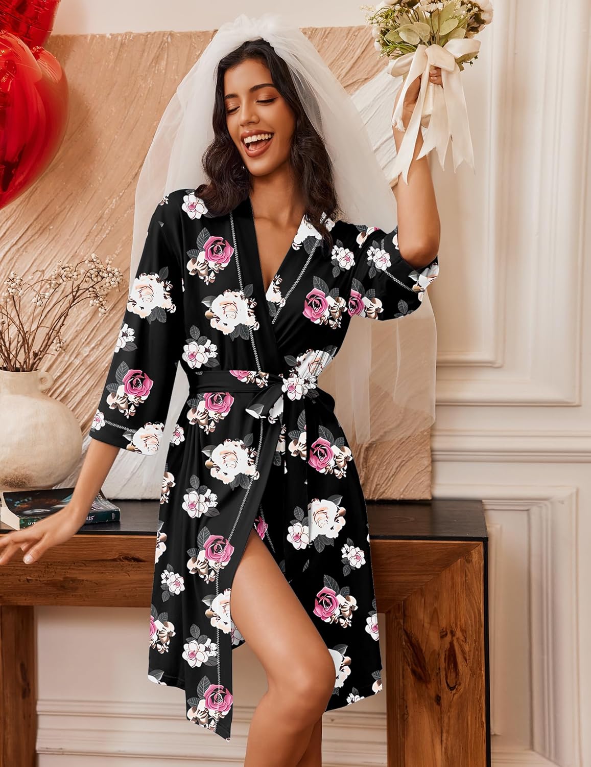 Floral black knee-length kimono robe with 3/4 sleeves and waist tie