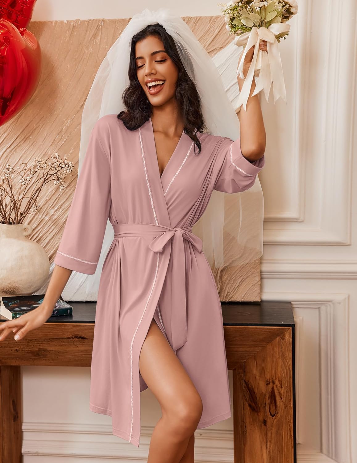 Knee-length bathrobe kimono with 3/4 sleeves, misty rose, tie belt and contrast trim