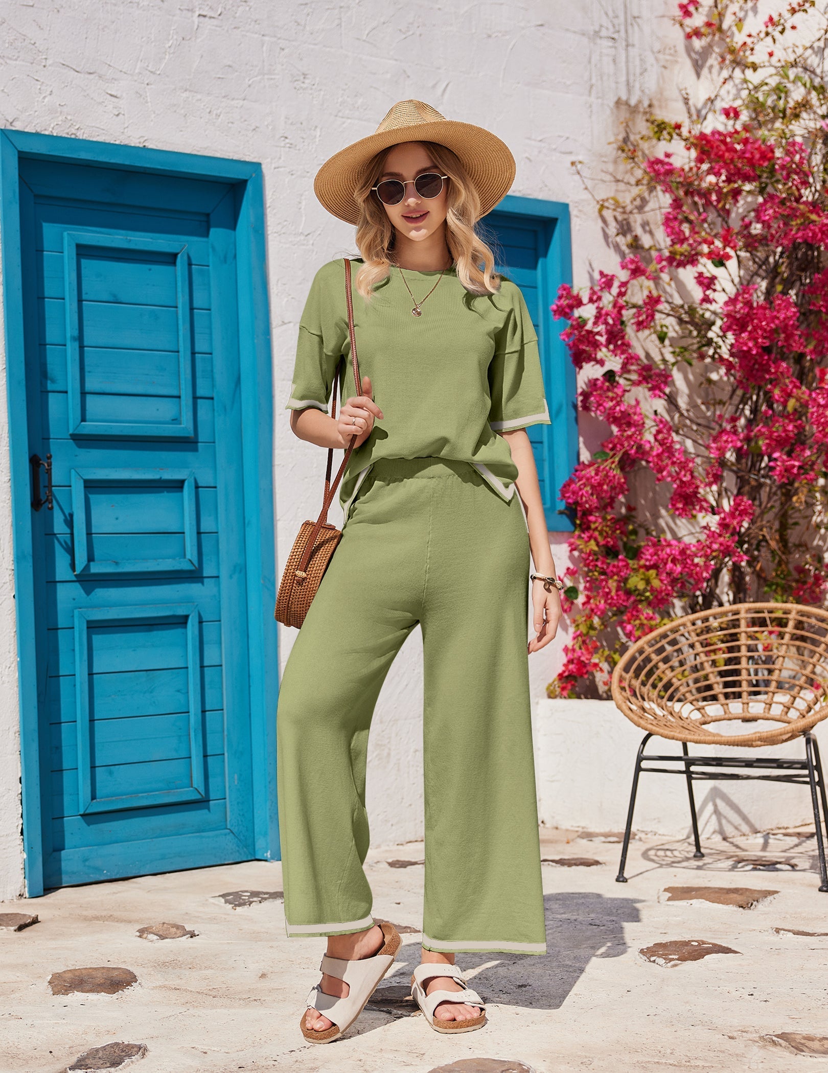 Knit wide-leg long pants in olive green, relaxed high-rise waist, wide straight legs