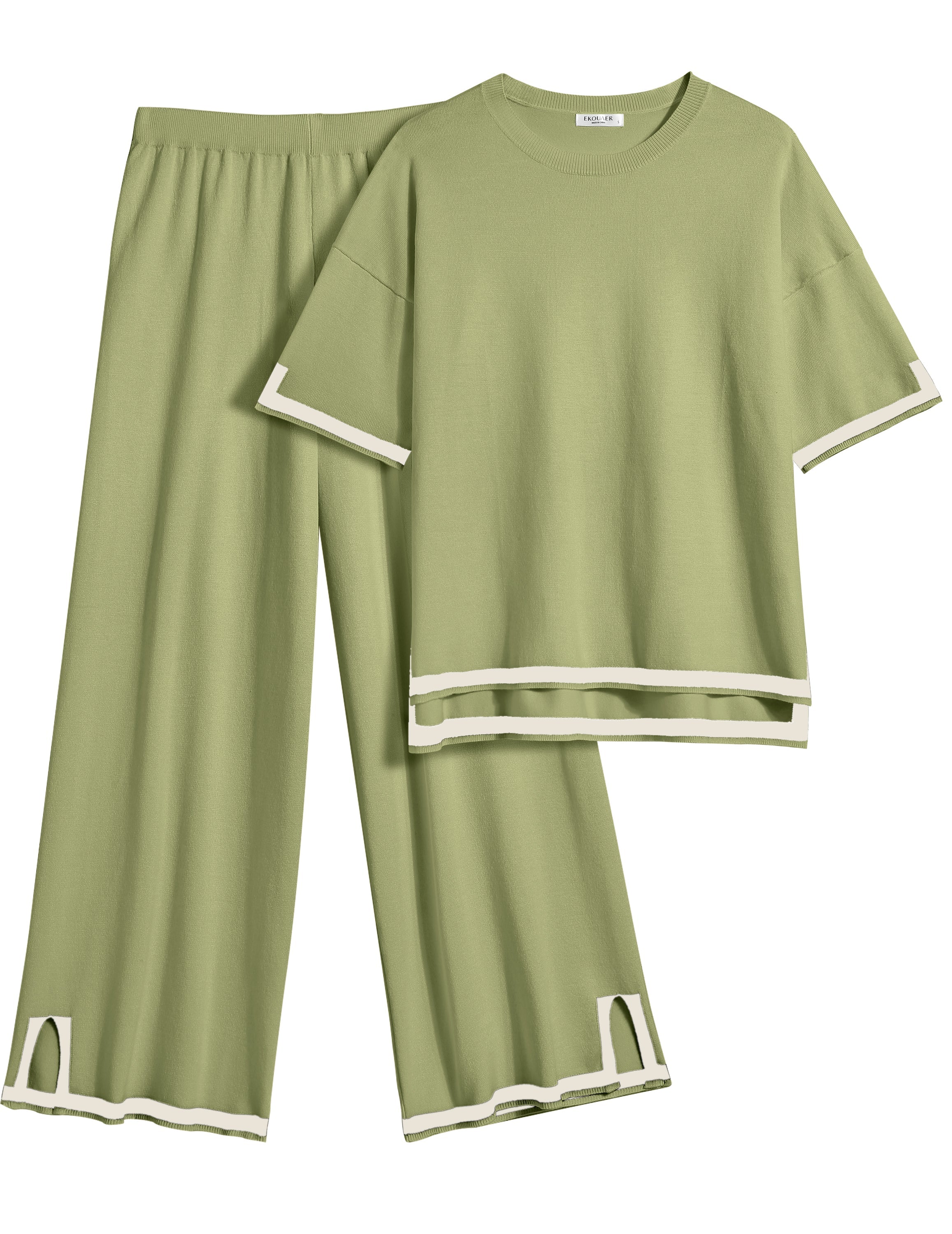 Green knit wide-leg long pants set, elastic waist, striped cuffs
