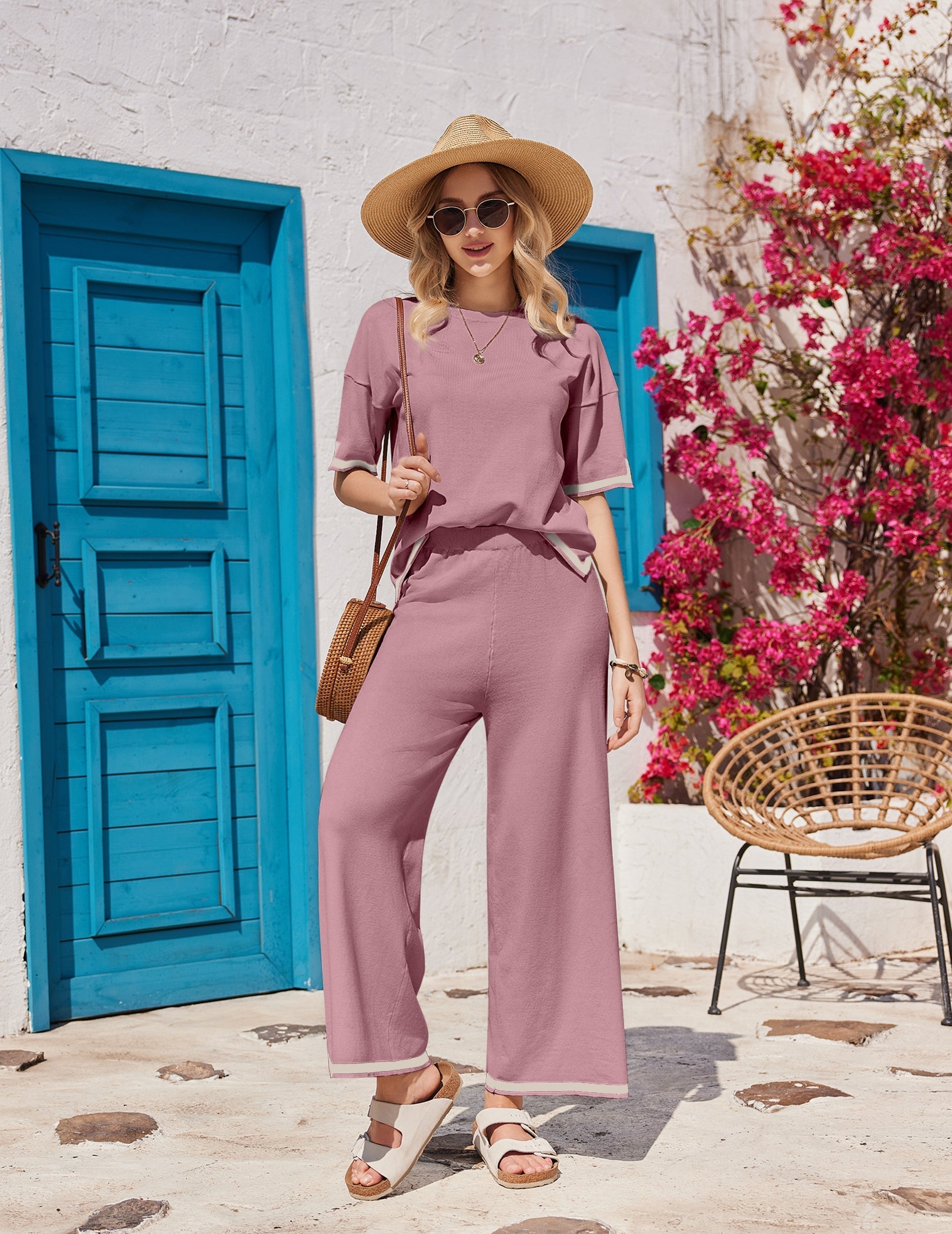 Knit wide-leg long pants in mauve, relaxed high-rise waist, wide straight legs