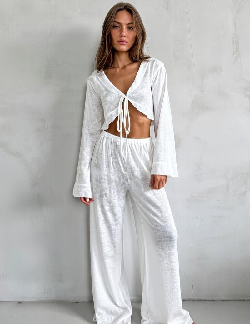 White knit pajama set long pants with drawstring waist and tie-front cropped top