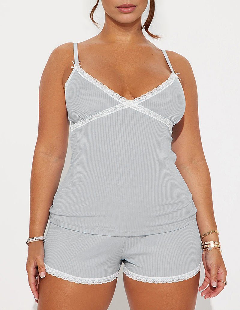 Gray lace-trim ribbed camisole and matching shorts pajama set