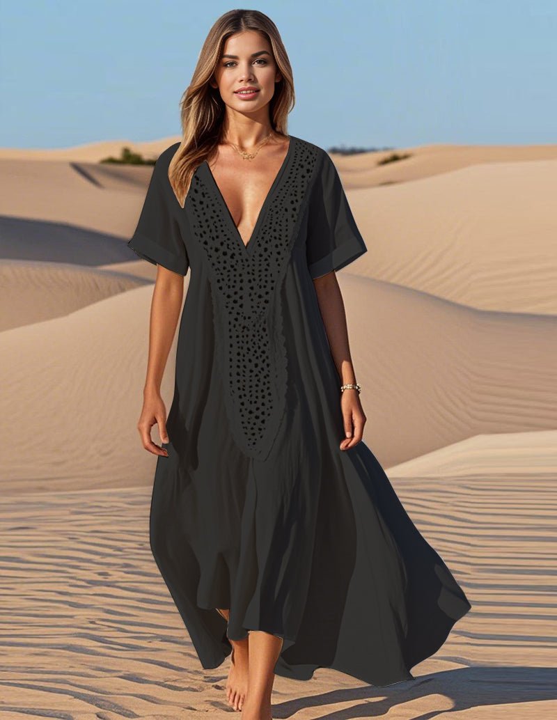 Black cotton maxi dress with lace patchwork, deep V-neck, short sleeves, flowing tiered skirt