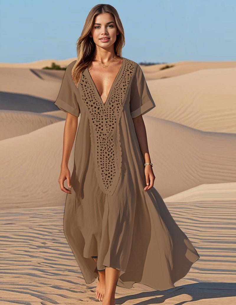 Khaki cotton maxi dress with lace patchwork, deep V-neck, short sleeves, flowing tiered skirt