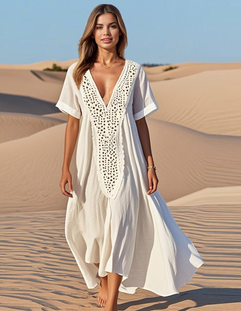White cotton maxi dress with lace patchwork, deep V-neck, short sleeves, tiered skirt