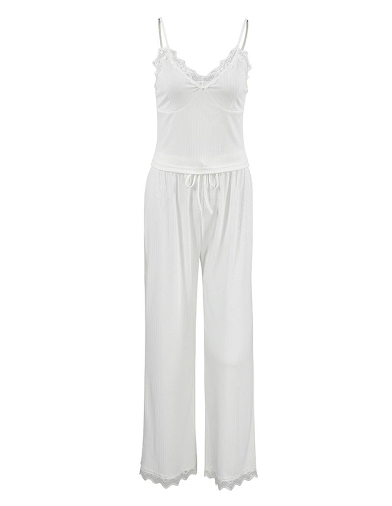 White lace-trim knit lounge set with camisole top and matching wide pants