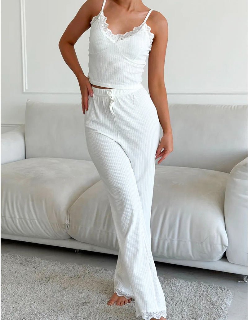 White knit lounge top with scalloped lace neckline and spaghetti straps