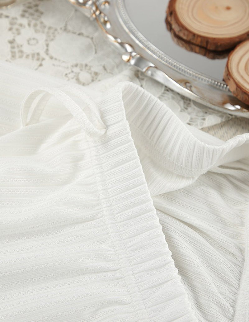 White knit lounge set top with lace-trimmed neckline and textured knit