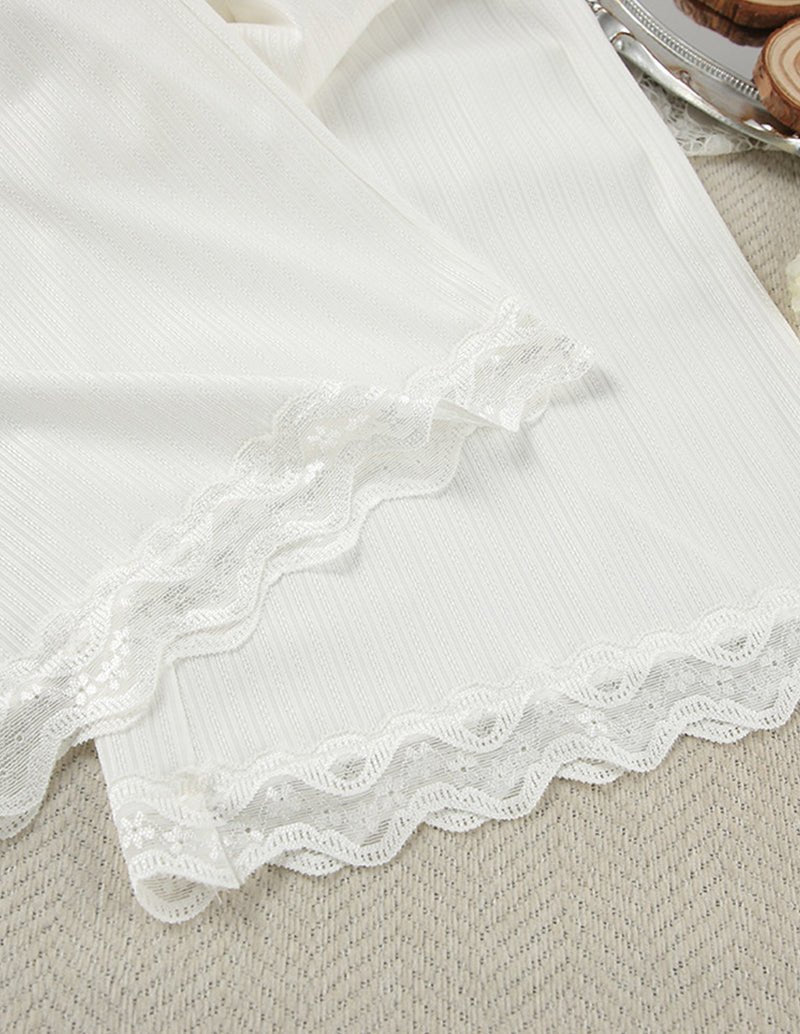 White knit lounge set top with ruffled lace hem detail