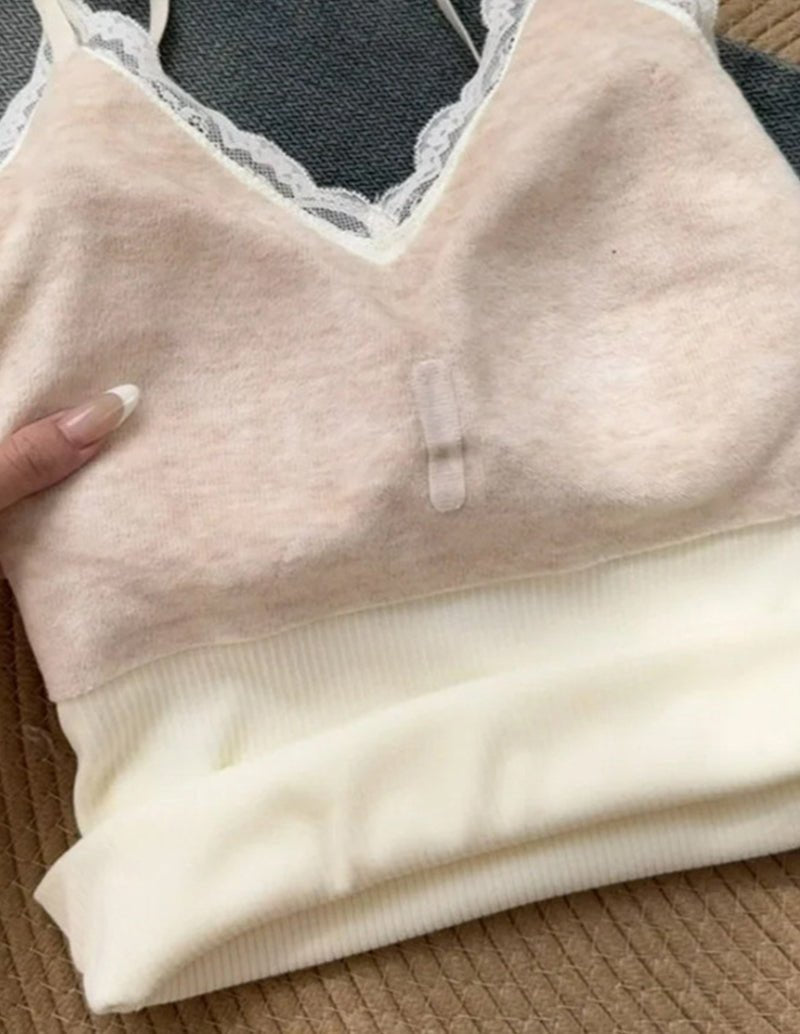 Off-white built-in bra camisole with lace-trim V-neck and adjustable straps