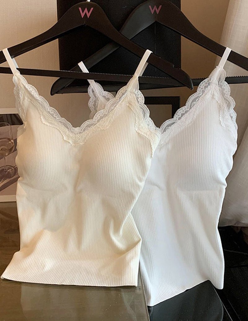 Pair of white lace-trim camisole tops with built-in bra and V-neck