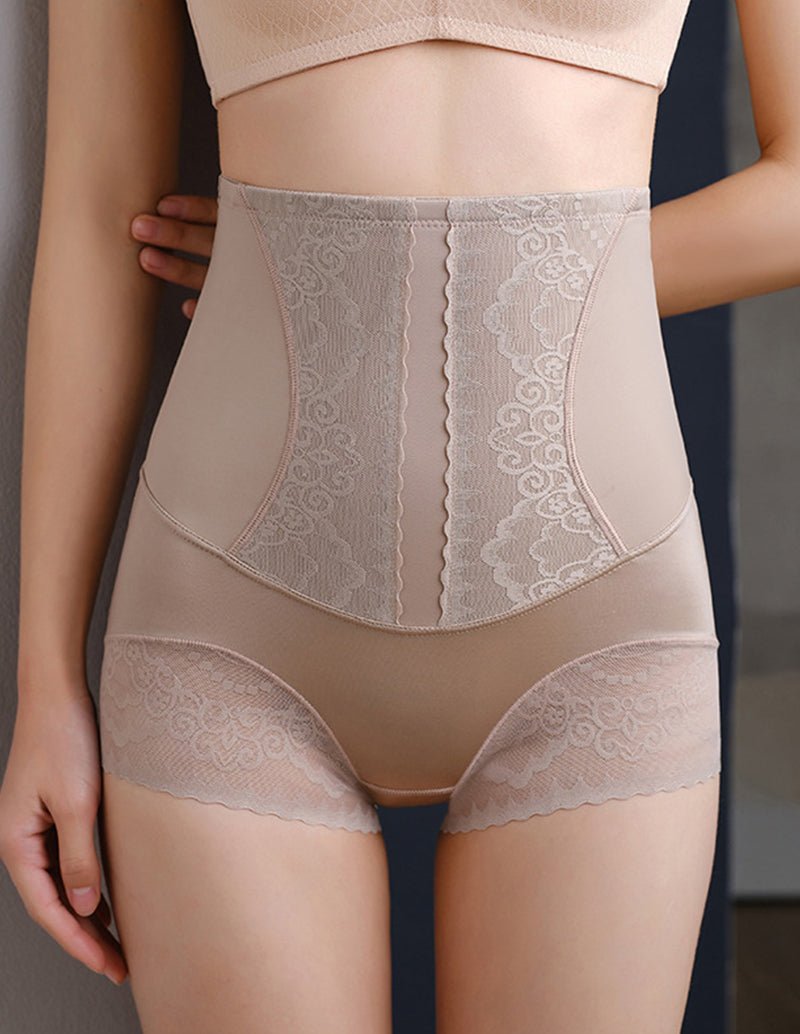 Beige high-waist shapewear panties with lace panels and scalloped lace trim at legs