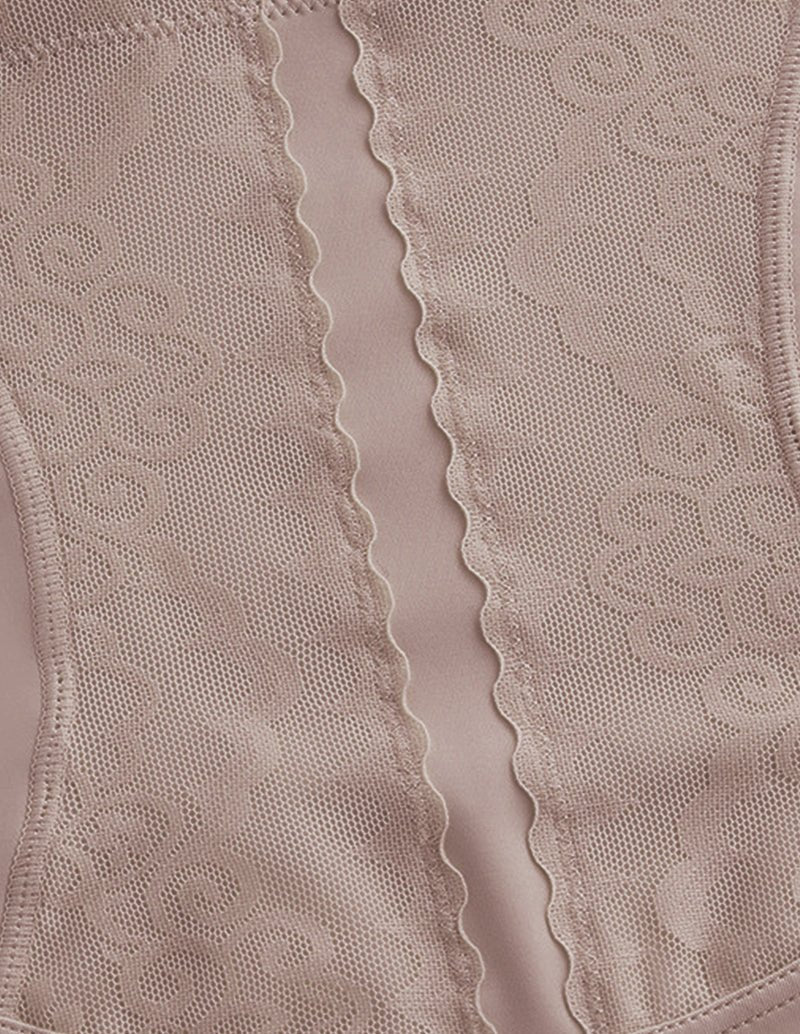 Beige lace-trim panel close-up with vertical lace strips and scalloped center seam
