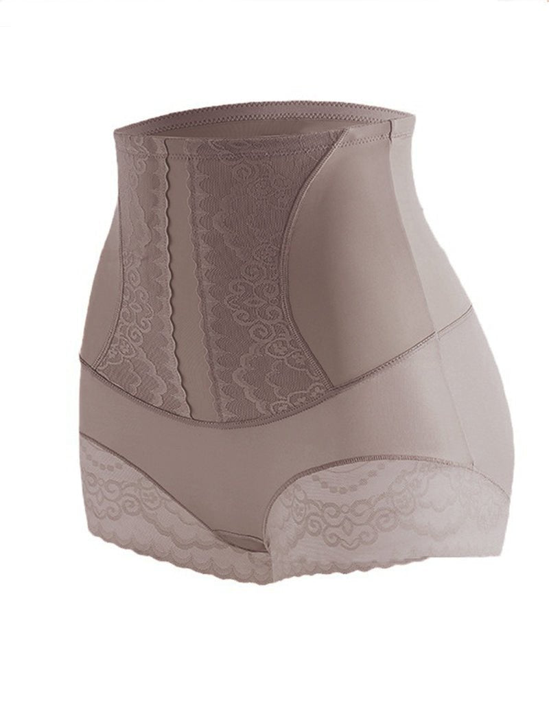 Taupe lace-trim high-waist shapewear panties with scalloped lace hem and front panel