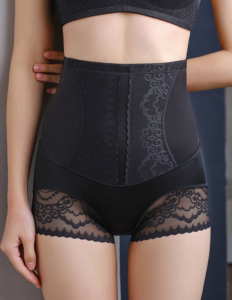 Black high-waist shapewear panties with lace trim at leg openings and front panel