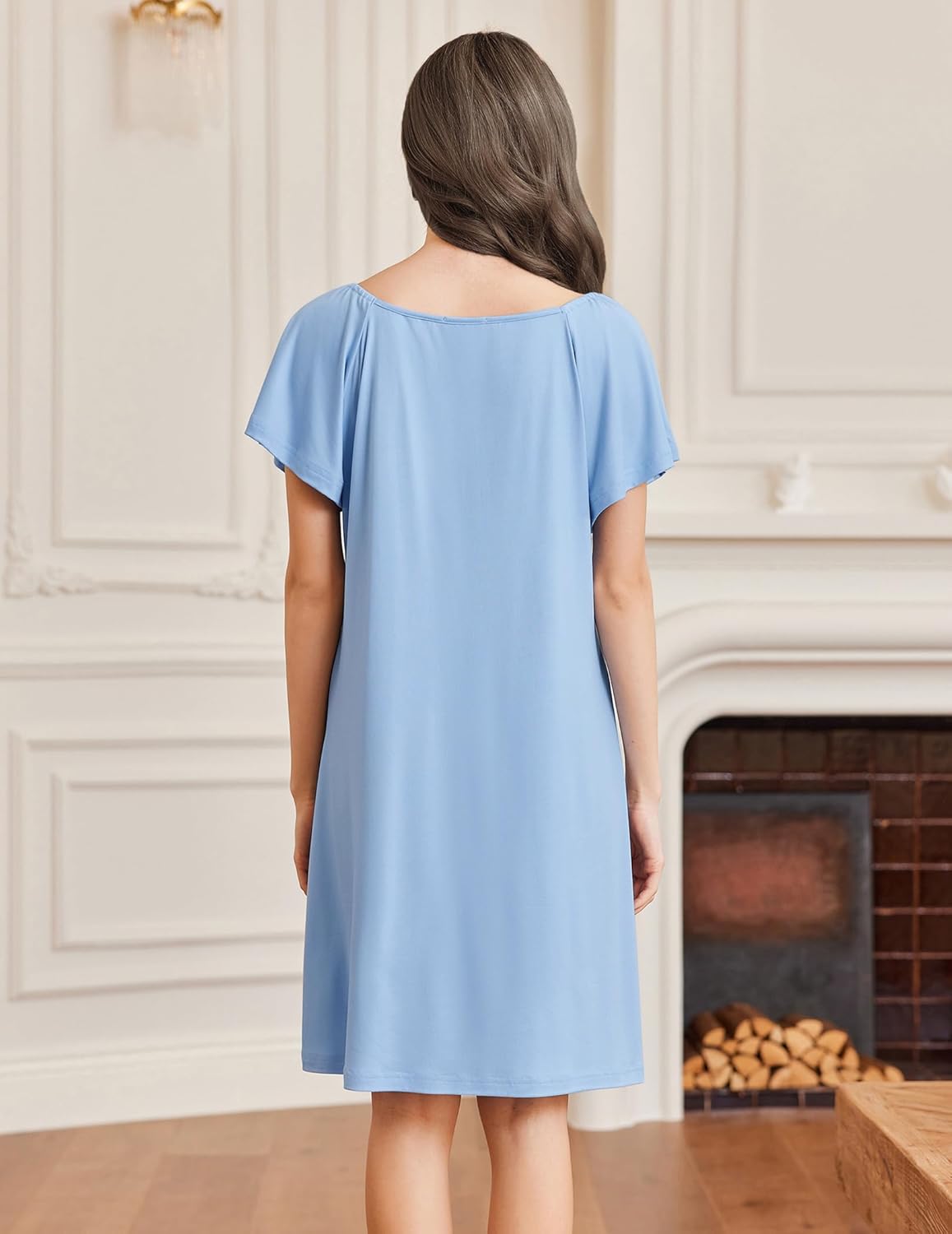 Light blue sleep shirt nightdress, back view, short flutter sleeves