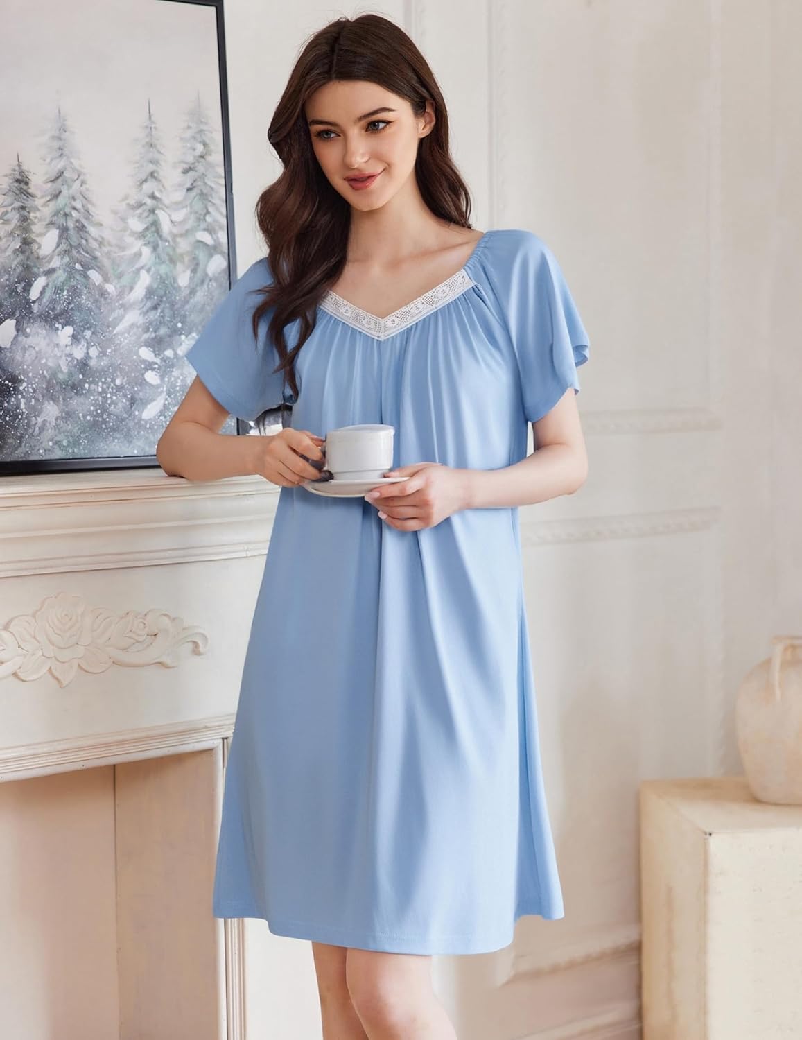 Light blue sleep shirt nightdress with lace-trim V neck and short flutter sleeves