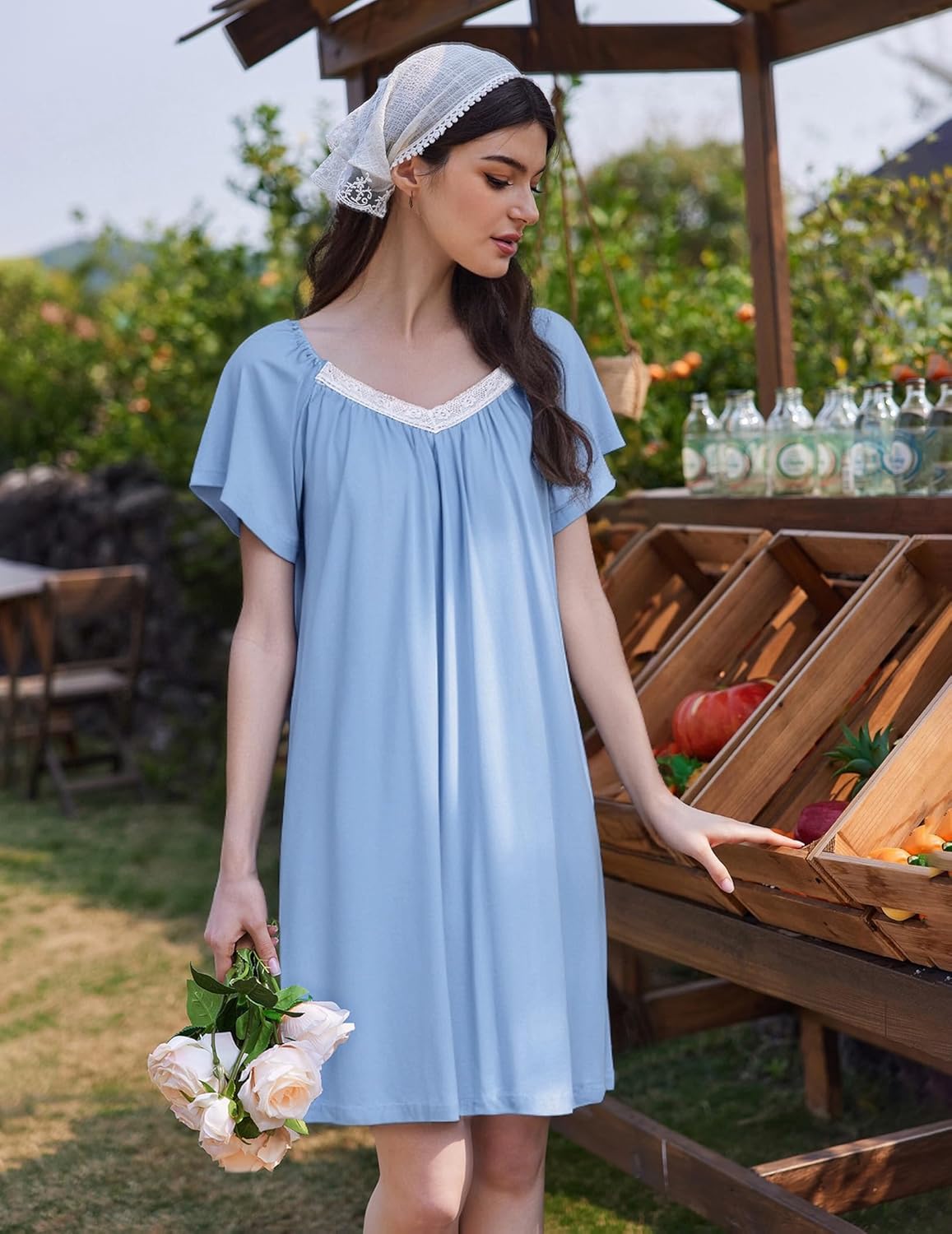 Light blue floral sleep shirt nightdress with lace-trim V neck and short flutter sleeves