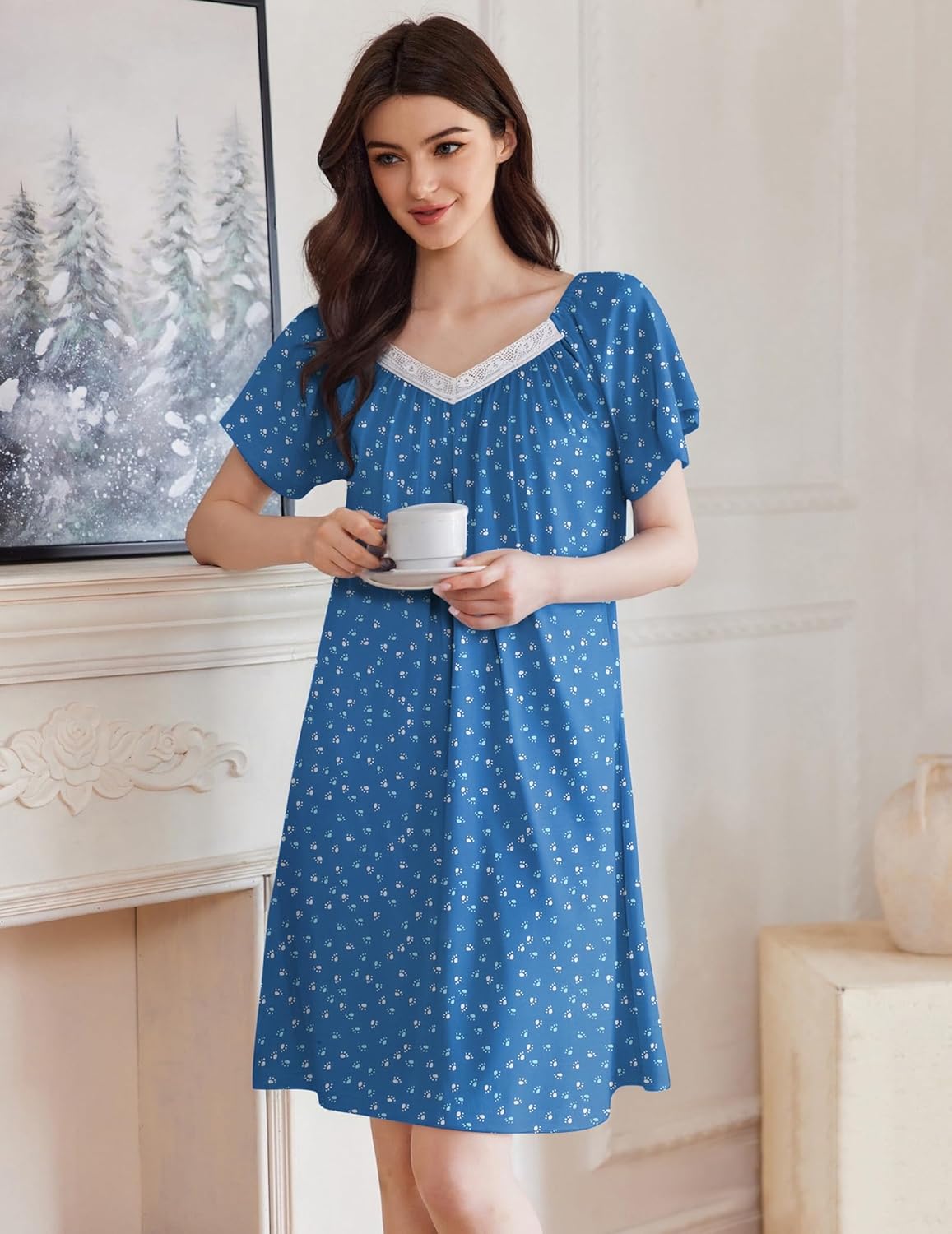 Blue print sleep shirt dress with lace-trim V-neck and short flutter sleeves, front view.