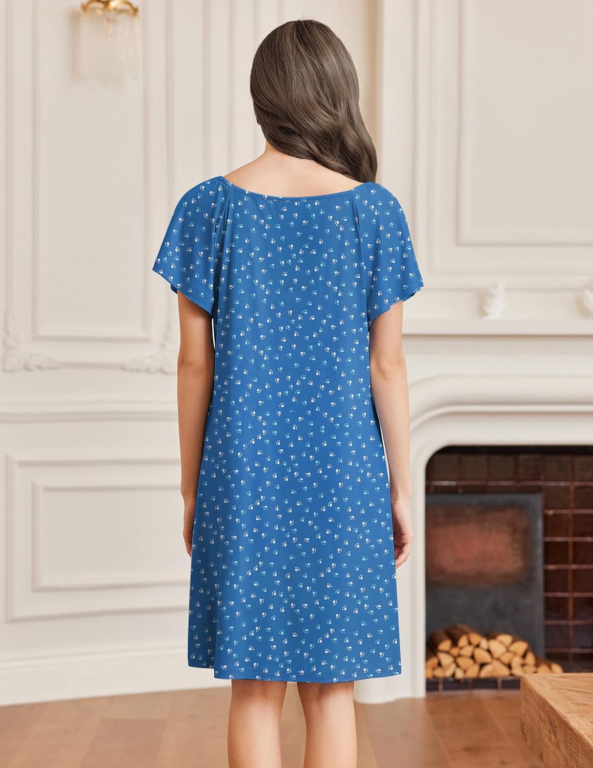 Blue print sleep shirt dress with lace-trim V-neck and short flutter sleeves, back view.