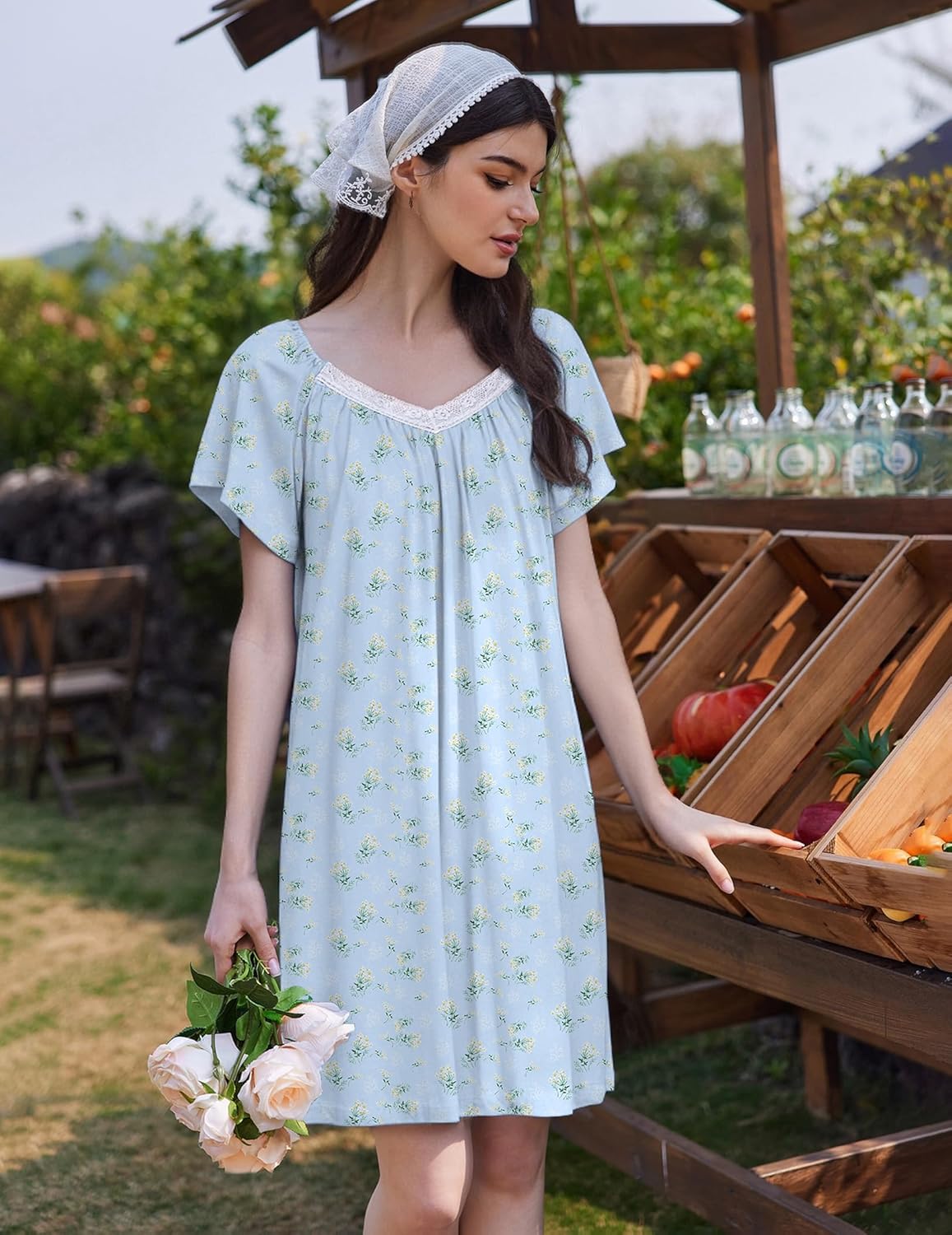 Lace-trimmed V-neck sleep shirt nightdress in light blue sprig print, short flutter sleeves