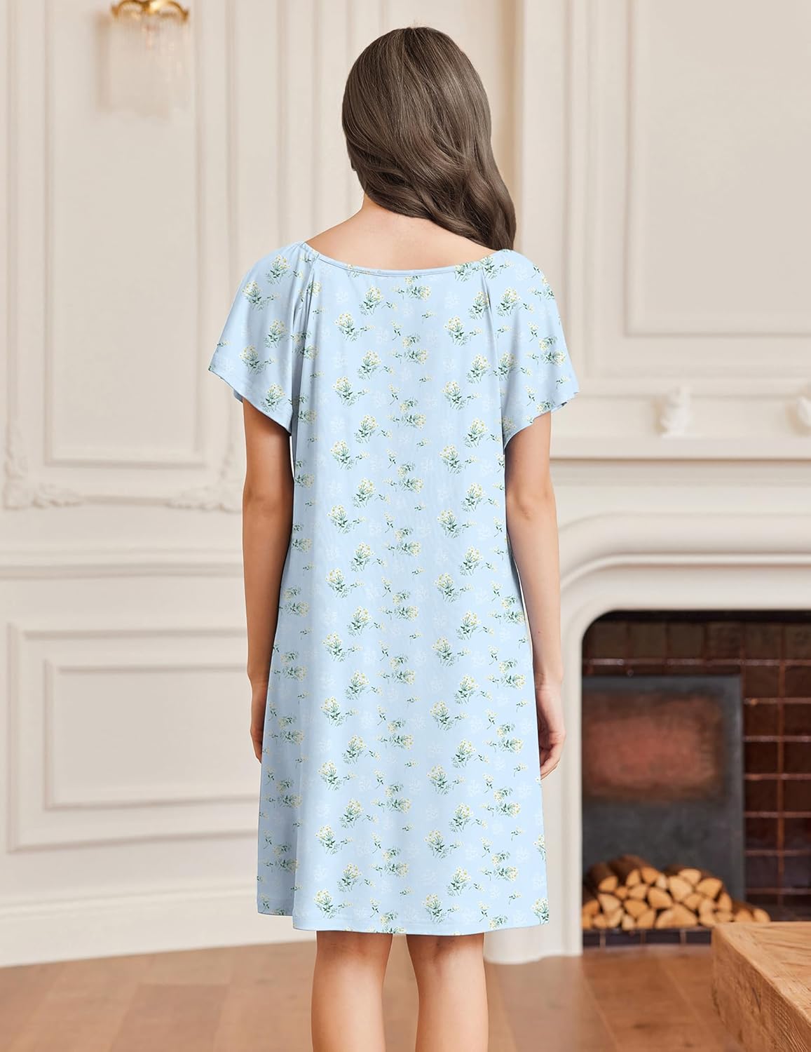Lace-trimmed V-neck sleep shirt nightdress, back view, light blue sprig print, flutter sleeves