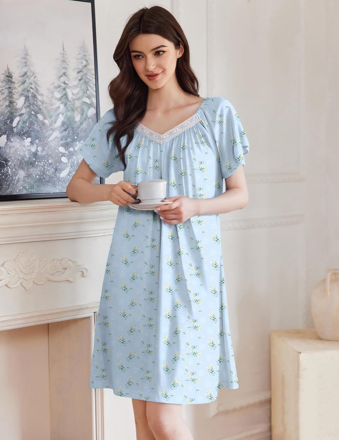 Lace-trimmed V-neck sleep shirt nightdress in light blue with green sprig print, flutter sleeves