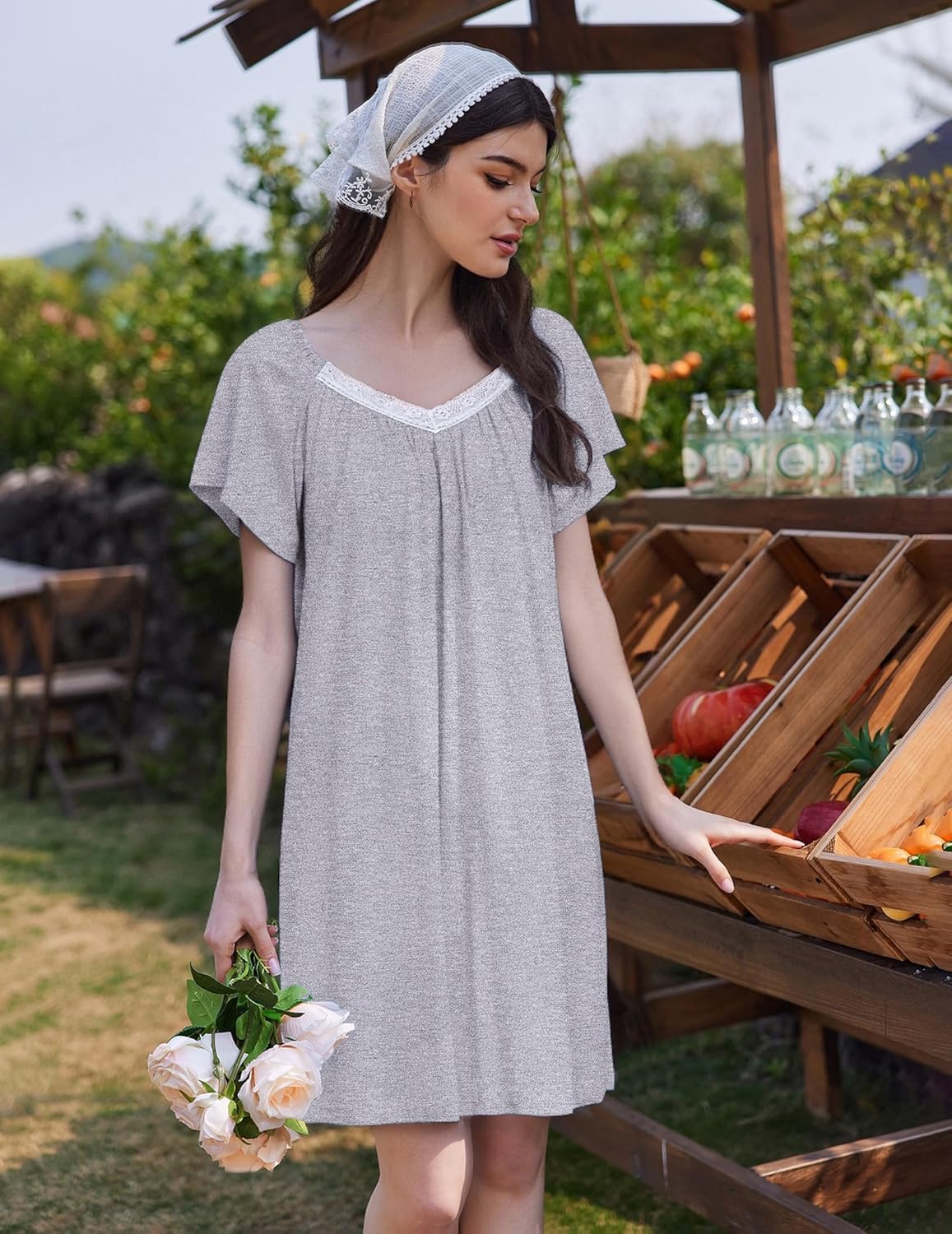 Grey lace-trim V-neck nightdress with gathered bodice and short sleeves