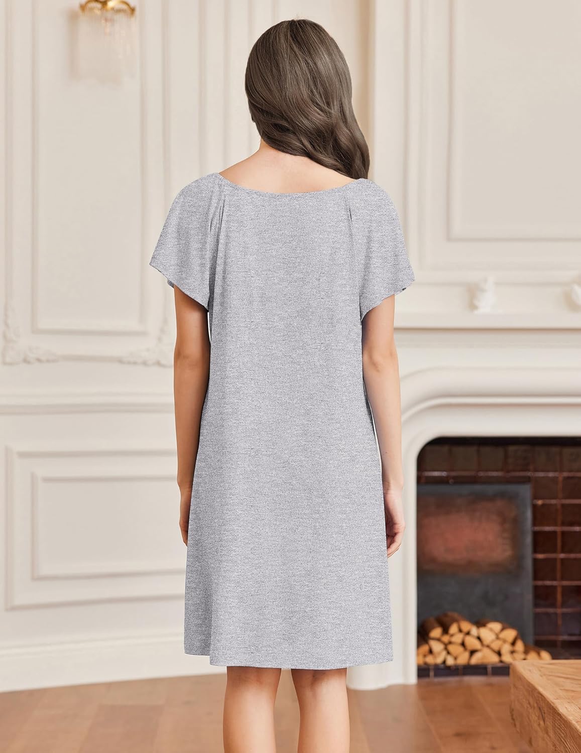 Grey solid lace-trim sleep shirt nightdress, back view, short sleeves