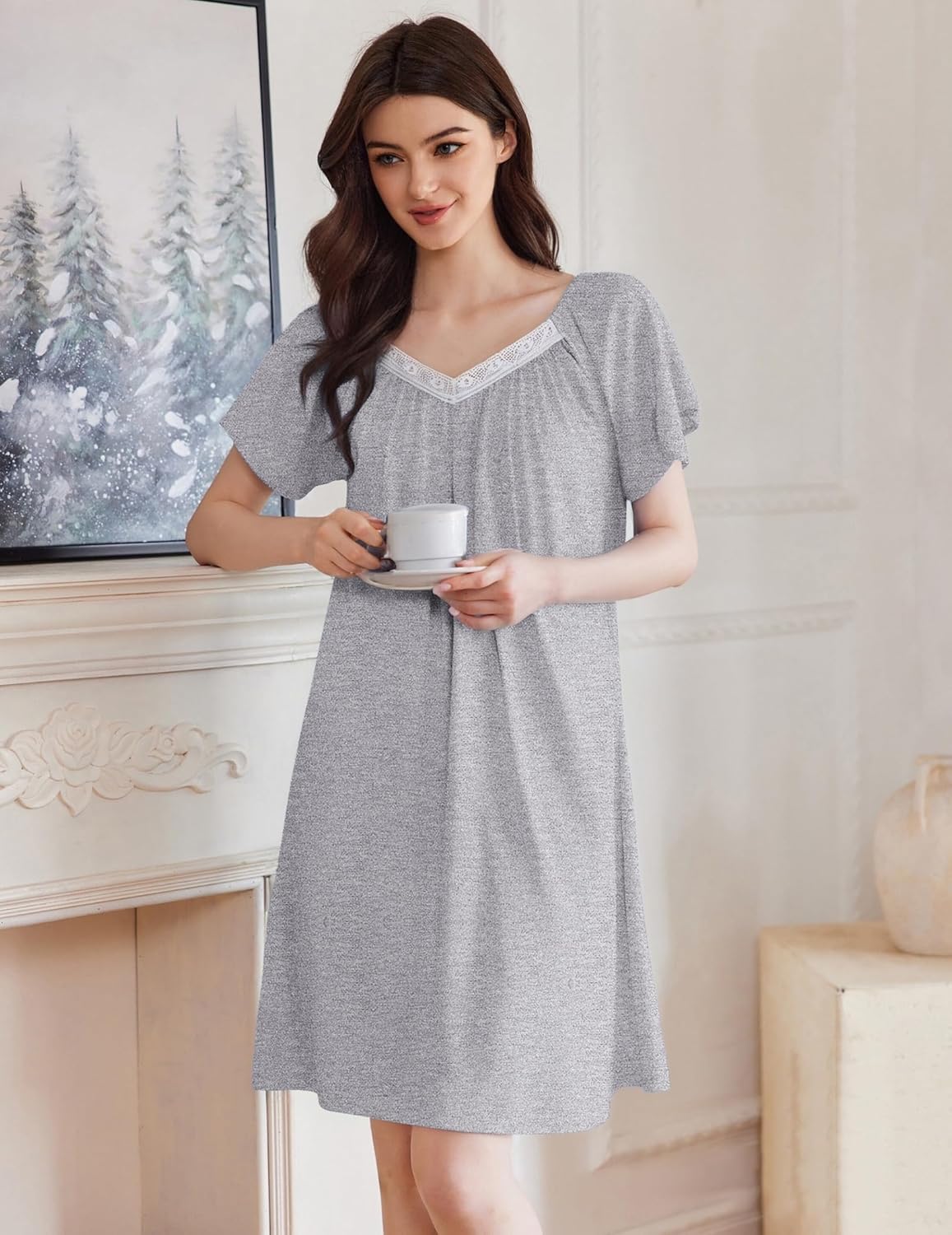 Grey solid lace-trim V-neck sleep shirt nightdress, short sleeves, relaxed fit