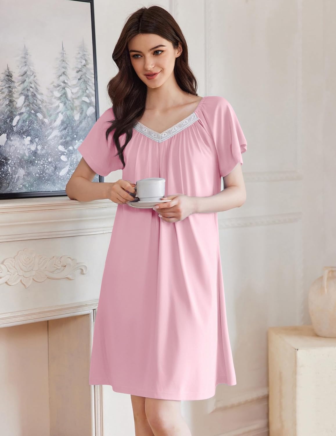 Pink sleep shirt nightdress with lace-trim V neck and short flutter sleeves