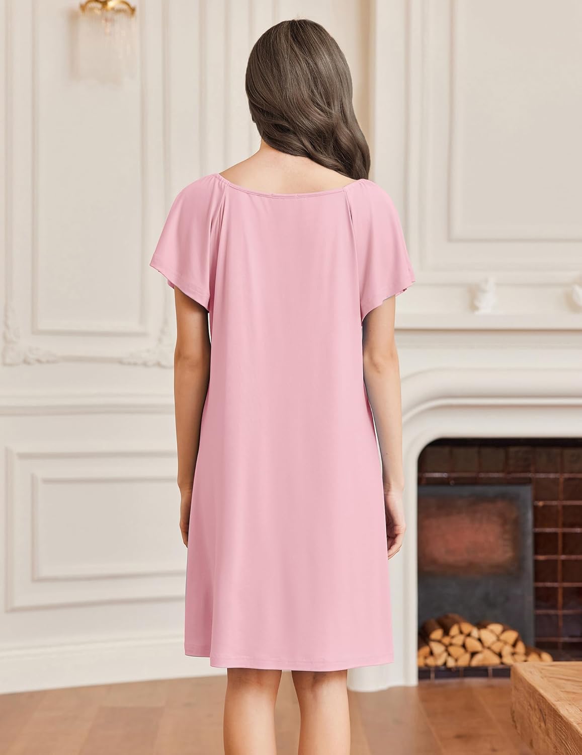 Pink sleep shirt nightdress, back view, short flutter sleeves