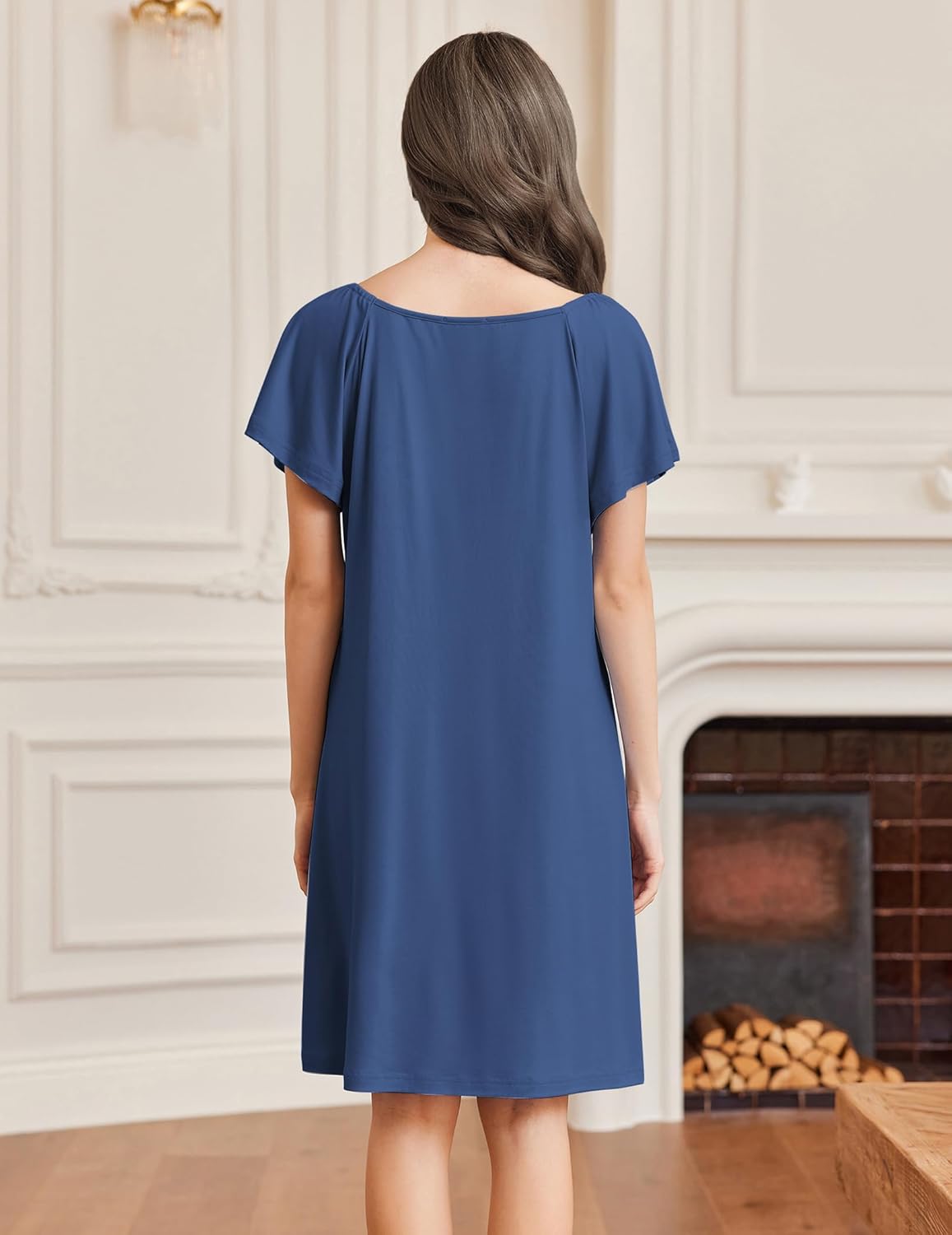 Blue sleep shirt dress with lace-trim V-neck and short flutter sleeves, back view.