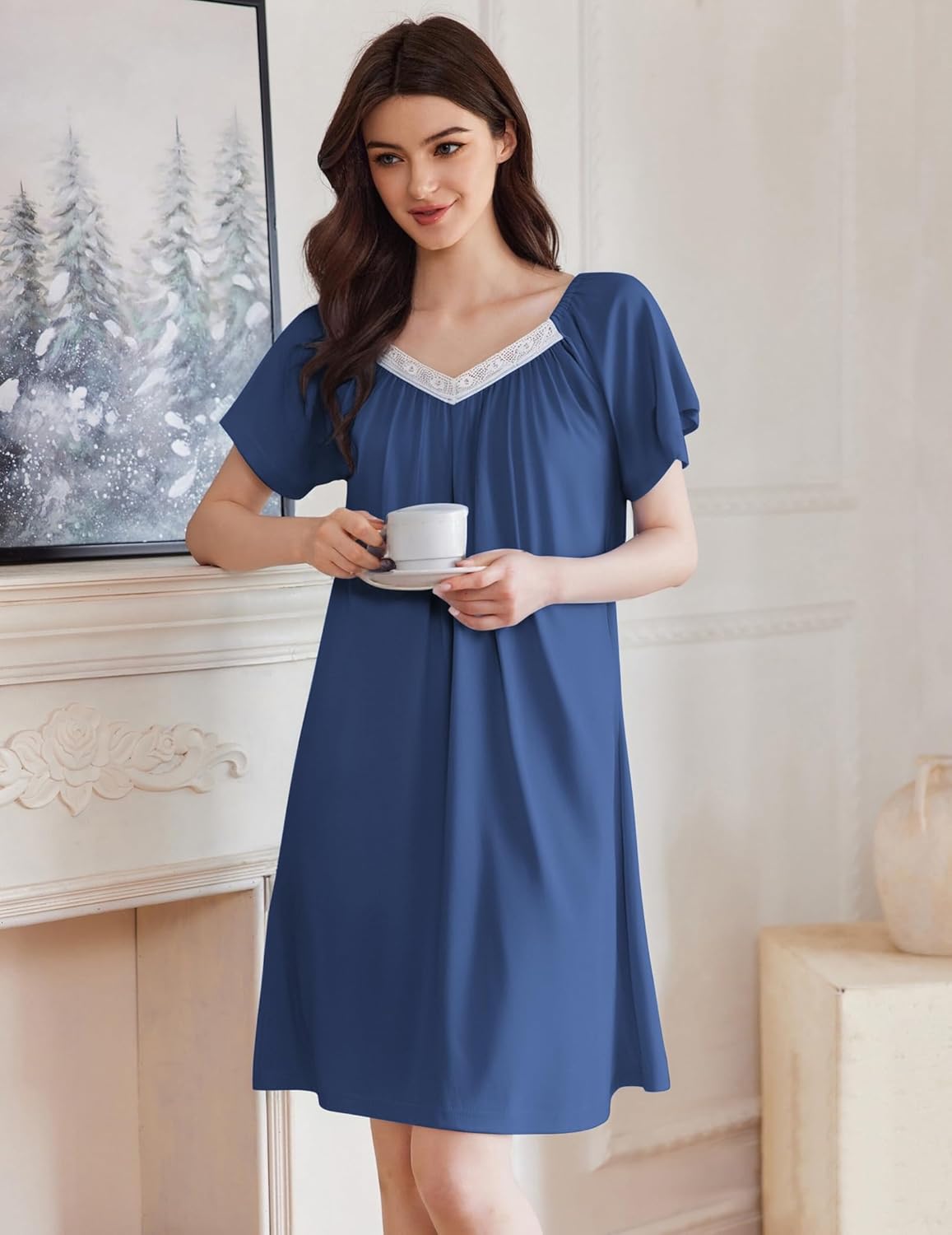 Blue sleep shirt dress with lace-trim V-neck and short flutter sleeves, front view.