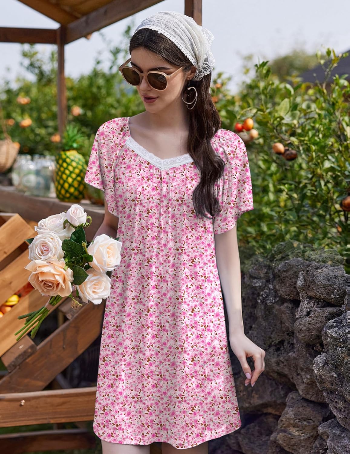 Lace-trimmed V-neck sleep shirt nightdress in pink floral print with lace-edged neckline