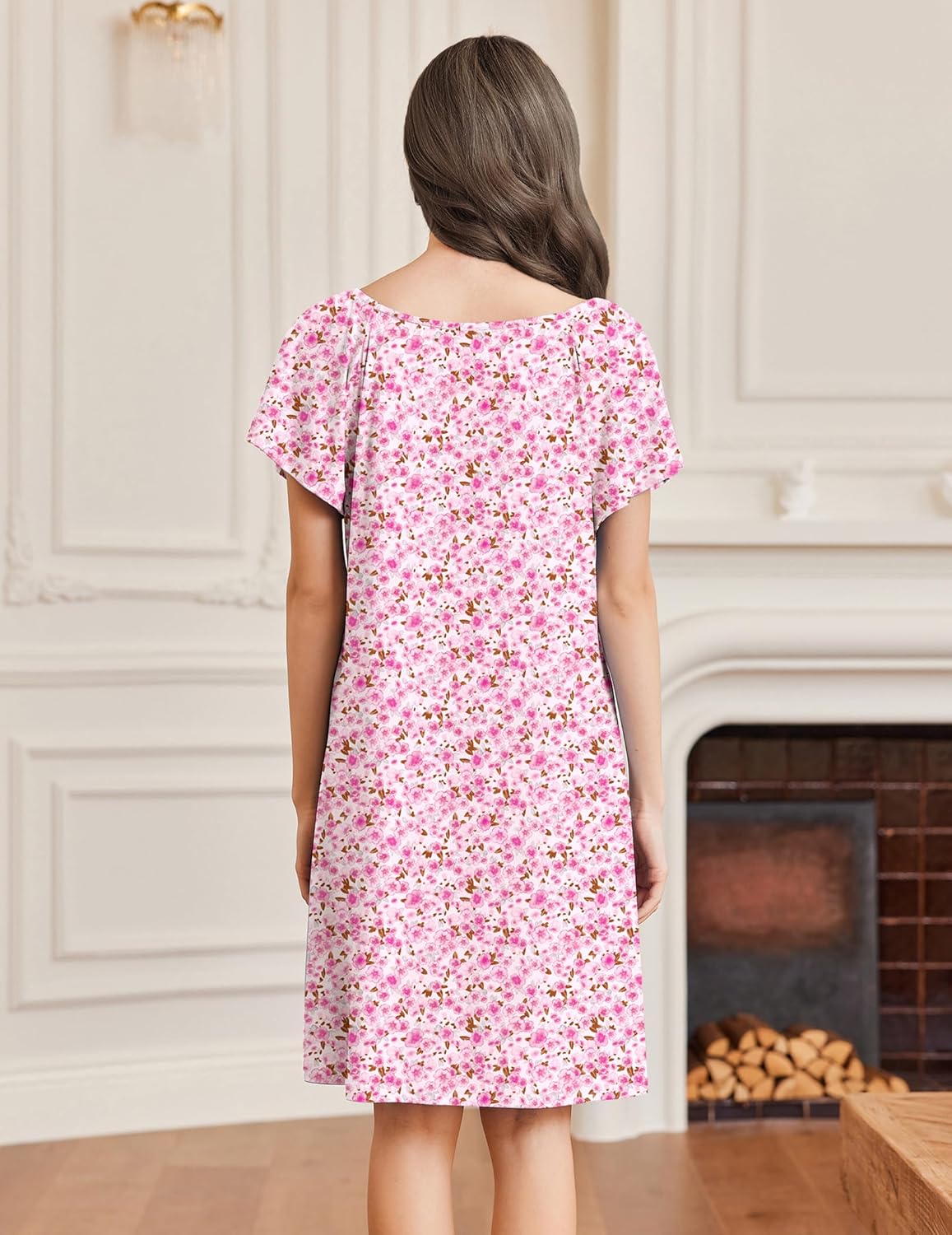 Lace-trimmed V-neck sleep shirt nightdress, back view, pink floral print, flutter sleeves