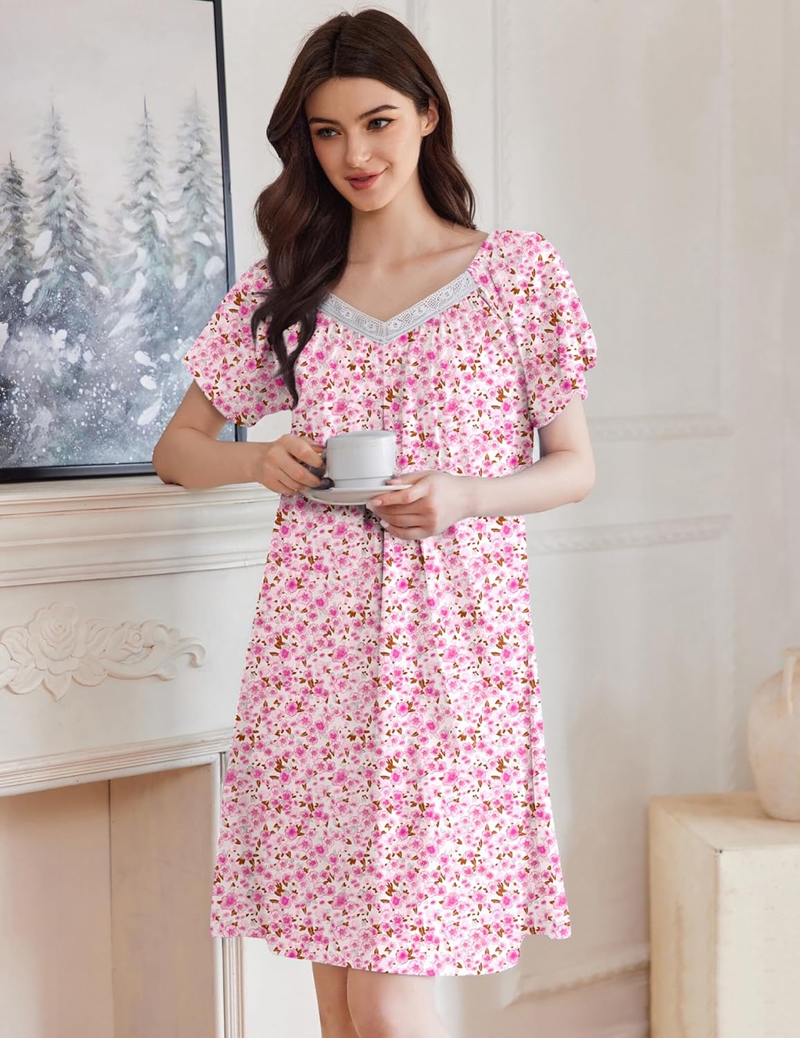 Lace-trimmed V-neck sleep shirt nightdress in pink floral print, short flutter sleeves