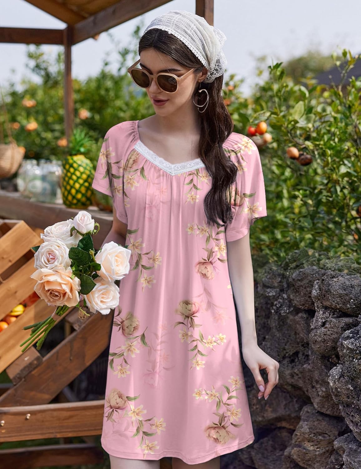 Pink floral lace-trim V-neck nightdress with pleated bodice and short flare sleeves