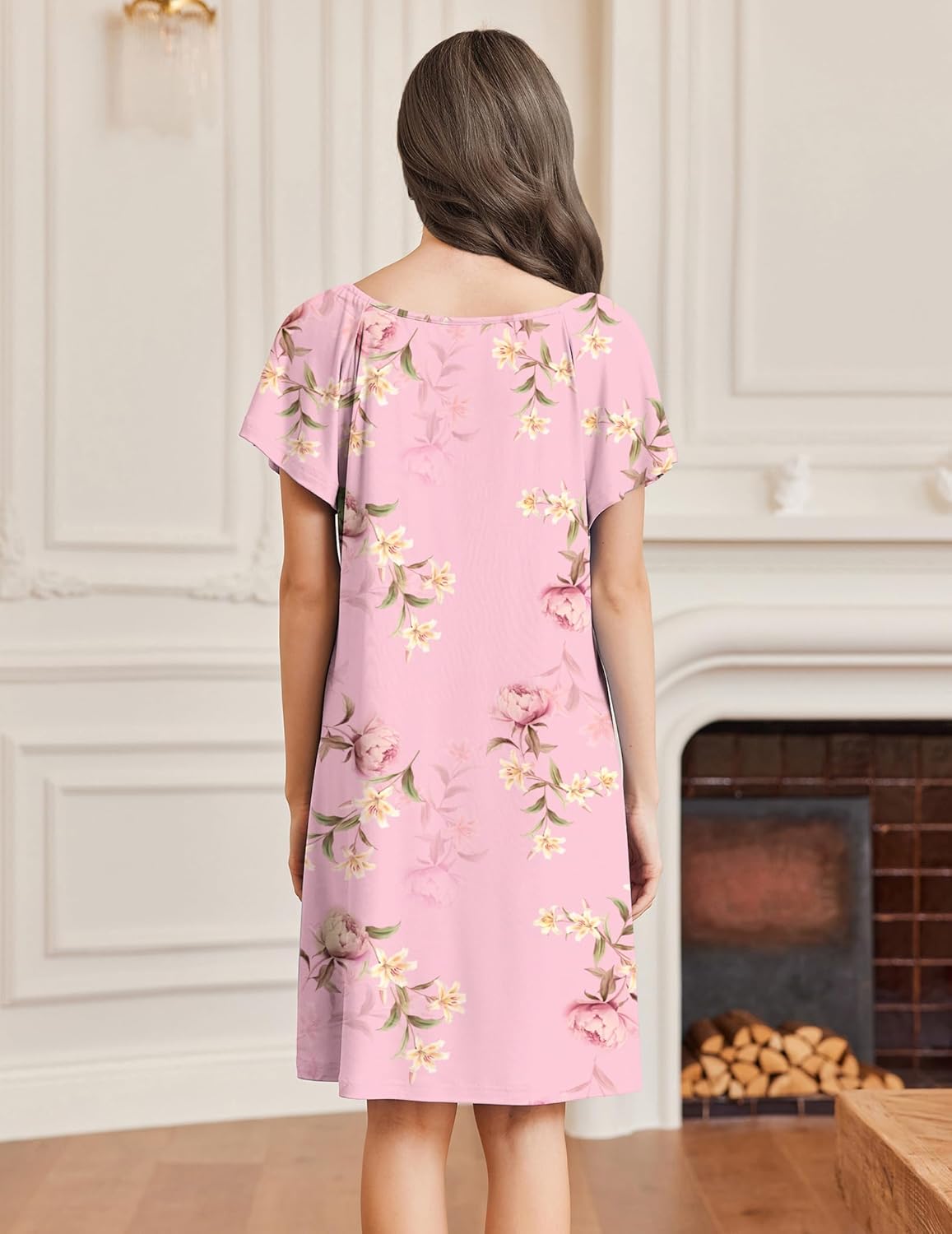 Pink floral lace-trim V-neck sleep shirt nightdress, back view, short flared sleeves