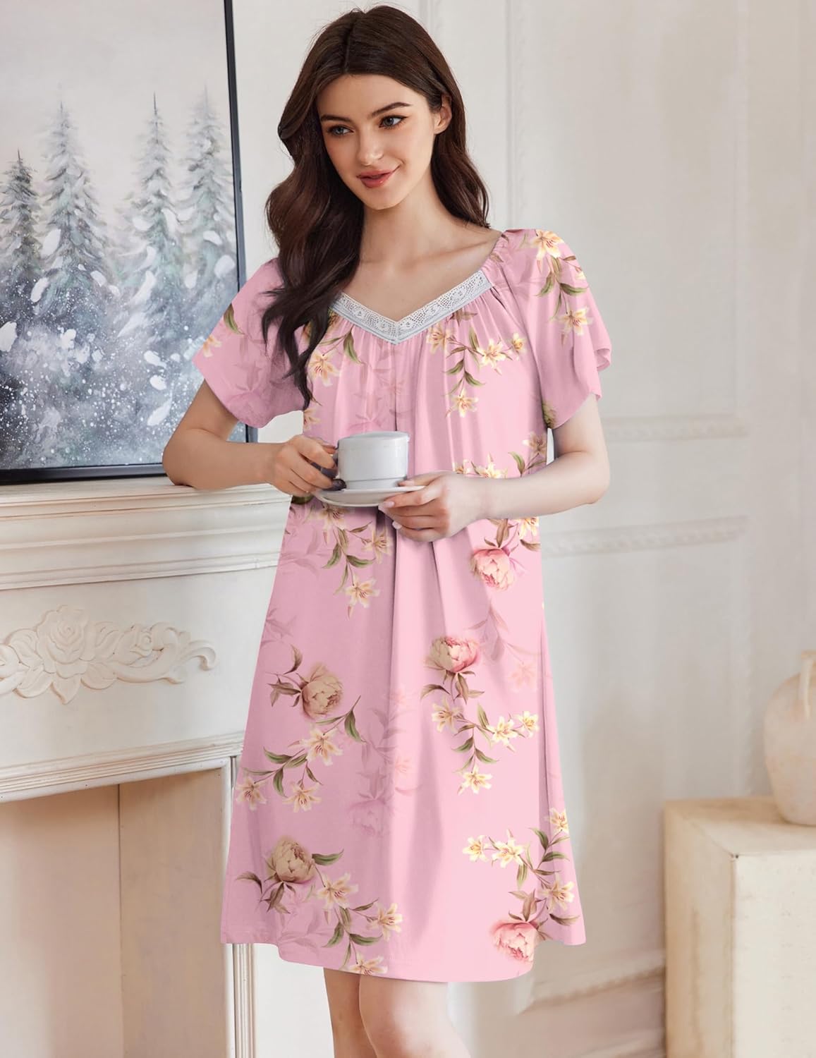 Pink floral sleep shirt nightdress with lace-trim V neck and short flutter sleeves